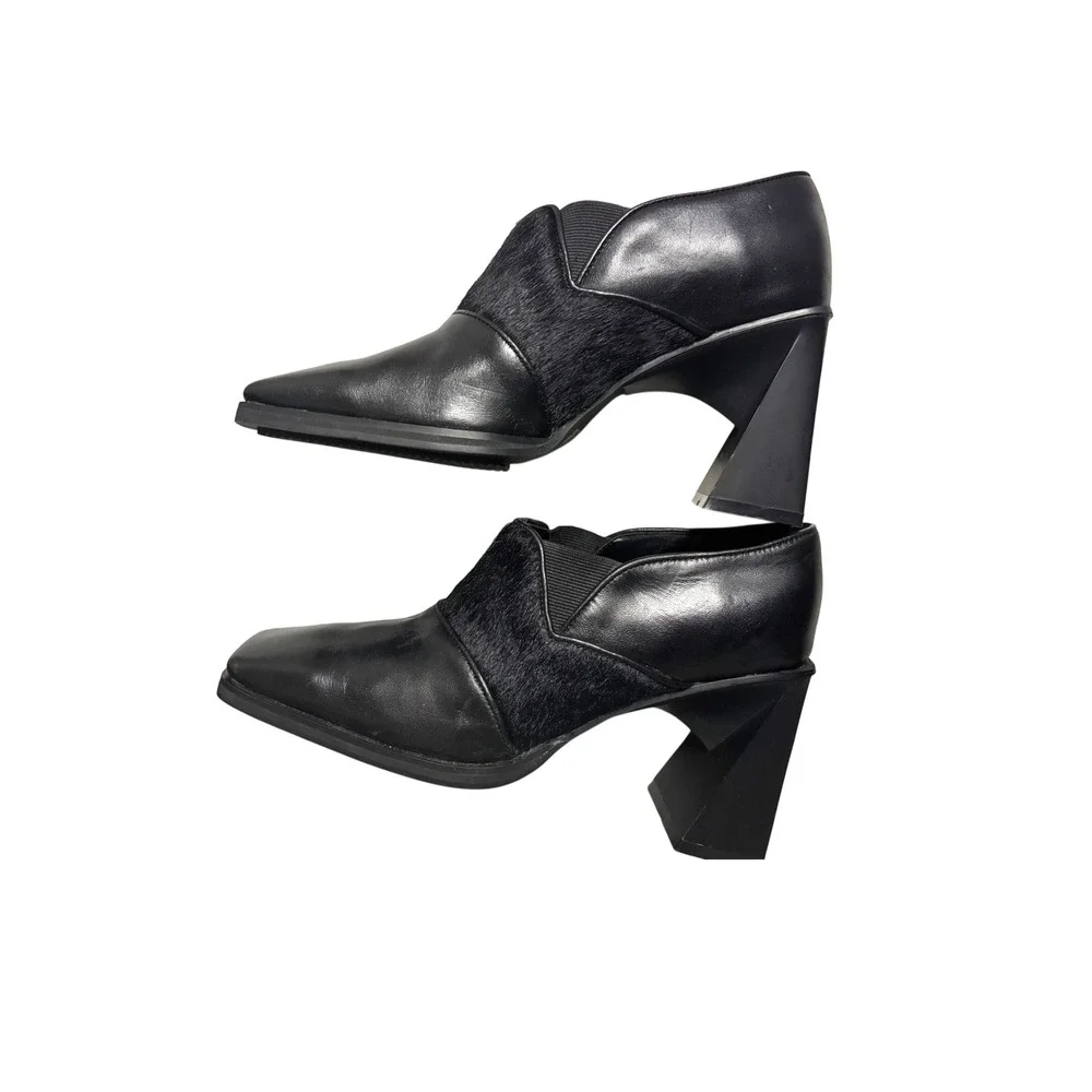 Turbo Cat Black Leather‎ Fur Accent Block Heel Square Toe Booties Women's 5.5M